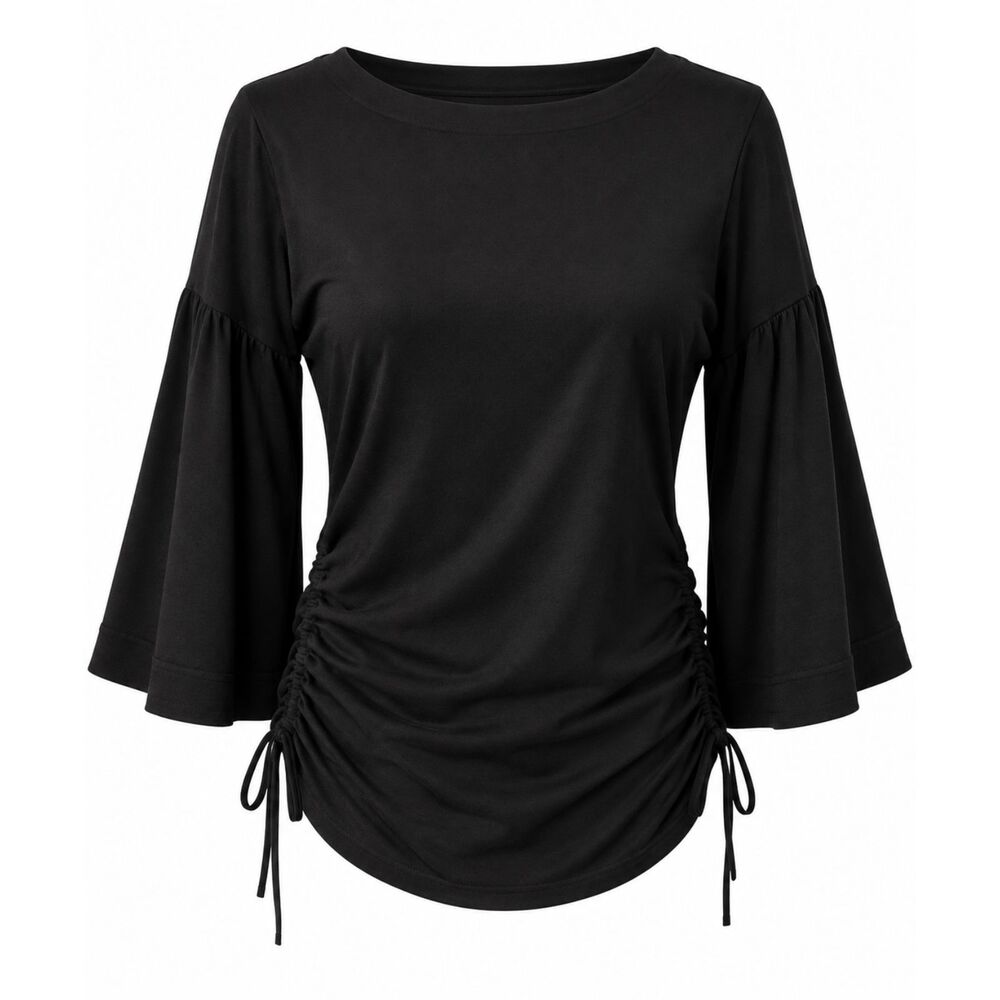 ORO Black Ruched Drawstring Bell Sleeve Tunic Top